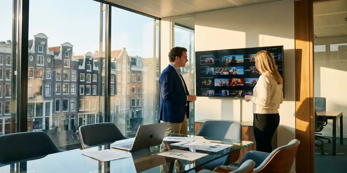 mediabeheer-streaming-kantoor-amsterdam.jpg Twee mediamanagers in een modern Amsterdams kantoor bekijken een streaming interface op een groot flatscreen-tv bij ramen met kanaalzicht.