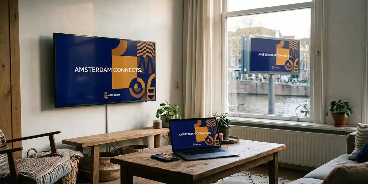 merk-campagne-schermen-woonkamer-nederland.jpg Flatscreen televisie in Nederlandse woonkamer met smaartphone, laptop en digitaal billboard, navy en amber merkkleurenpalet in middaglicht.