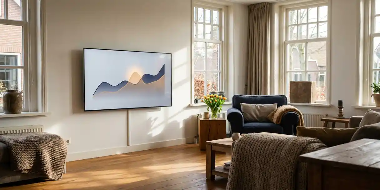 merkbekendheid-grafiek-televisie-woonkamer.jpg Flatscreen tv aan witte woonkamermuur toont merkbekendheid grafiek, met tulpen op bijzettafel en warme houten vloer.