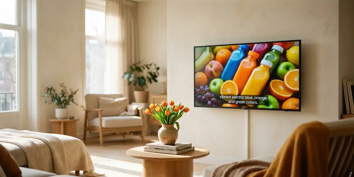 televisie-reclame-woonkamer-nederland-interieur.jpg Moderne smart-tv aan muur in Nederlandse woonkamer met FMCG-reclame, tulpen op bijzettafel, zacht middaglicht door grote ramen.