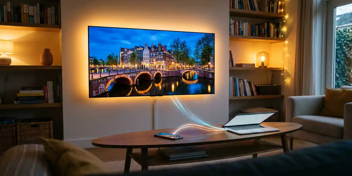 Flatscreen tv aan woonkamermuur toont Amsterdamse grachten bij schemering, met smartphone en laptop op Scandinavische salontafel.
