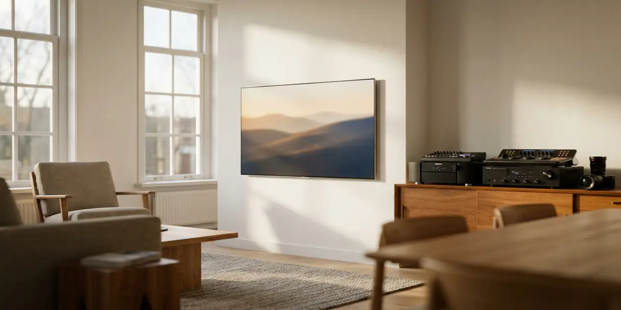 televisie-beheer-woonkamer-interieur-nederland.jpg Flatscreen televisie aan muur in Nederlandse woonkamer met warm amberkleurig licht en mediaprofessionele apparatuur.