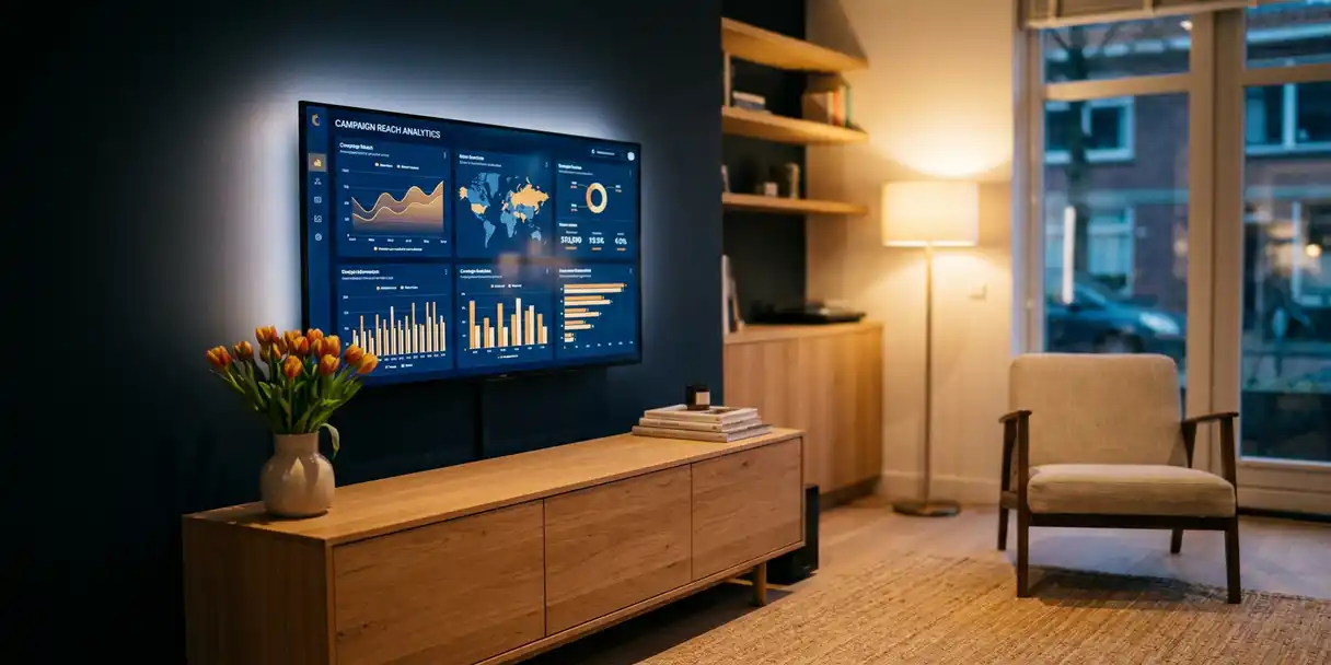 Flatscreen tv in Nederlandse woonkamer met campagneanalytics en kleurrijke bereikgrafieken, eiken meubels en tulpen op bijzettafel.