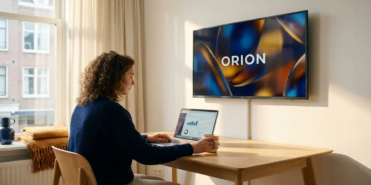 Mediastrateeg analyseert campagnedata op laptop aan eiken bureau, tv-scherm met merkcampagne aan witte muur, warm middaglicht.