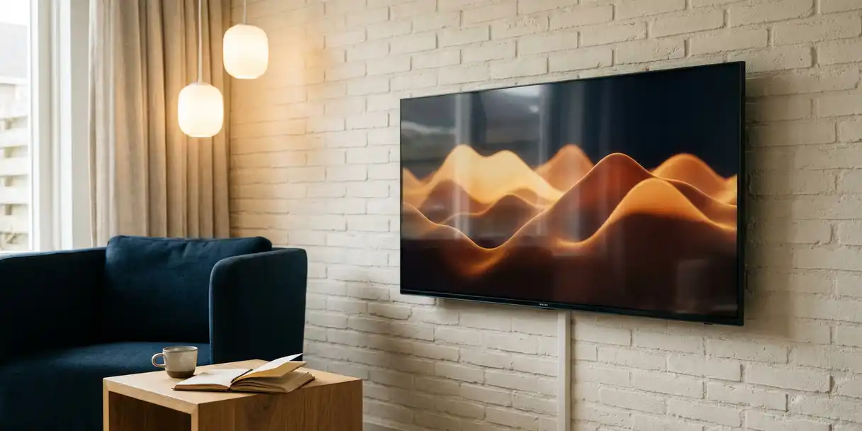 Flatscreen tv aan bakstenen woonkamermuur met abstracte campagnegrafiek in warm amber, notitieboekje en koffiekop op eikenhouten bijzettafel.