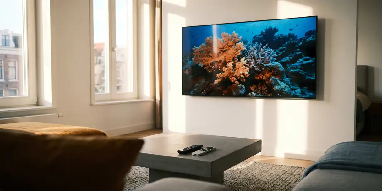 Flatscreen televisie aan witte muur in modern Amsterdam appartement, twee afstandsbedieningen op betonnen salontafel, middaglicht door smalle ramen.