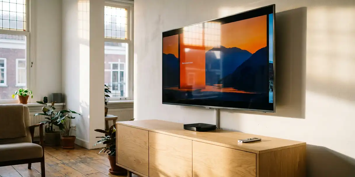 Flatscreen televisie aan witte muur in modern Haarlems appartement met mediaspeler op eiken dressoir in middaglicht.