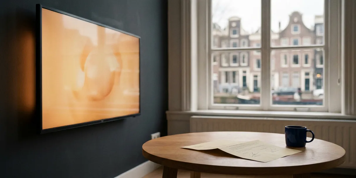 televisie-reclame-contract-woonkamer.jpg Flatscreen tv aan muur in Nederlandse woonkamer met getekend contract op eikenhouten salontafel, grachtenpand zichtbaar door raam.