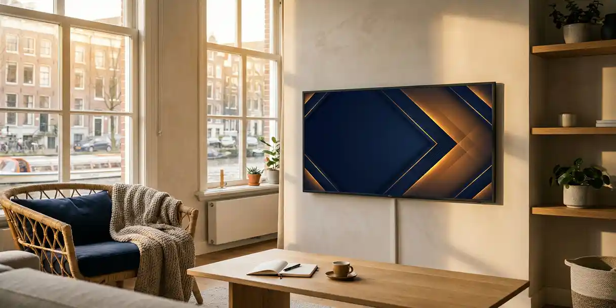Flatscreen tv aan de muur in een Nederlandse woonkamer met eiken meubels, grachtzicht en een espressokopje op de salontafel.