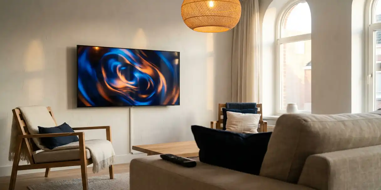 televisie-reclame-woonkamer-interieur-nederland.jpg Flatscreen tv aan de muur in Nederlandse woonkamer met Scandinavisch eiken meubilair, levendige reclame op scherm, afstandsbediening op linnen bank.