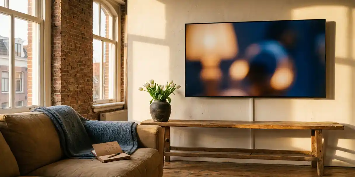 Flatscreen televisie aan muur in Nederlandse woonkamer met bakstenen, tulpen in vaas en notitieboekje op linnen bank.