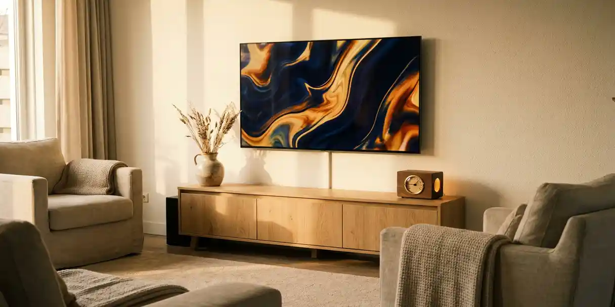 Flatscreen televisie aan de muur in een moderne Nederlandse woonkamer met Scandinavisch interieur en warme eikhouten meubels.
