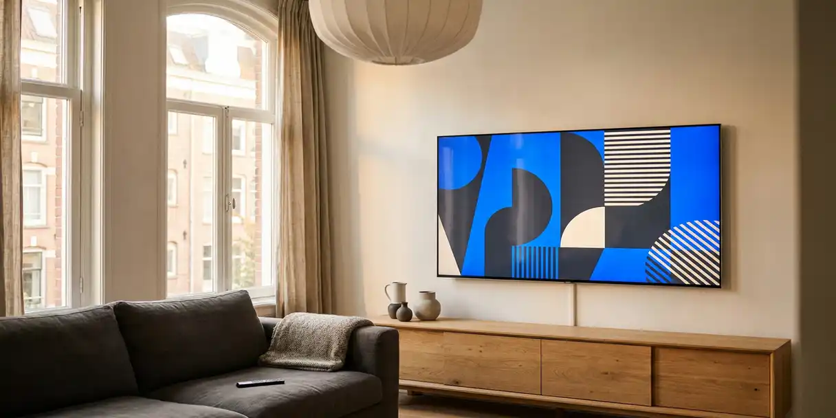 Flatscreen tv aan muur in minimalistische Nederlandse woonkamer met eiken meubels, blauwe reclame op scherm, afstandsbediening op linnen bank.