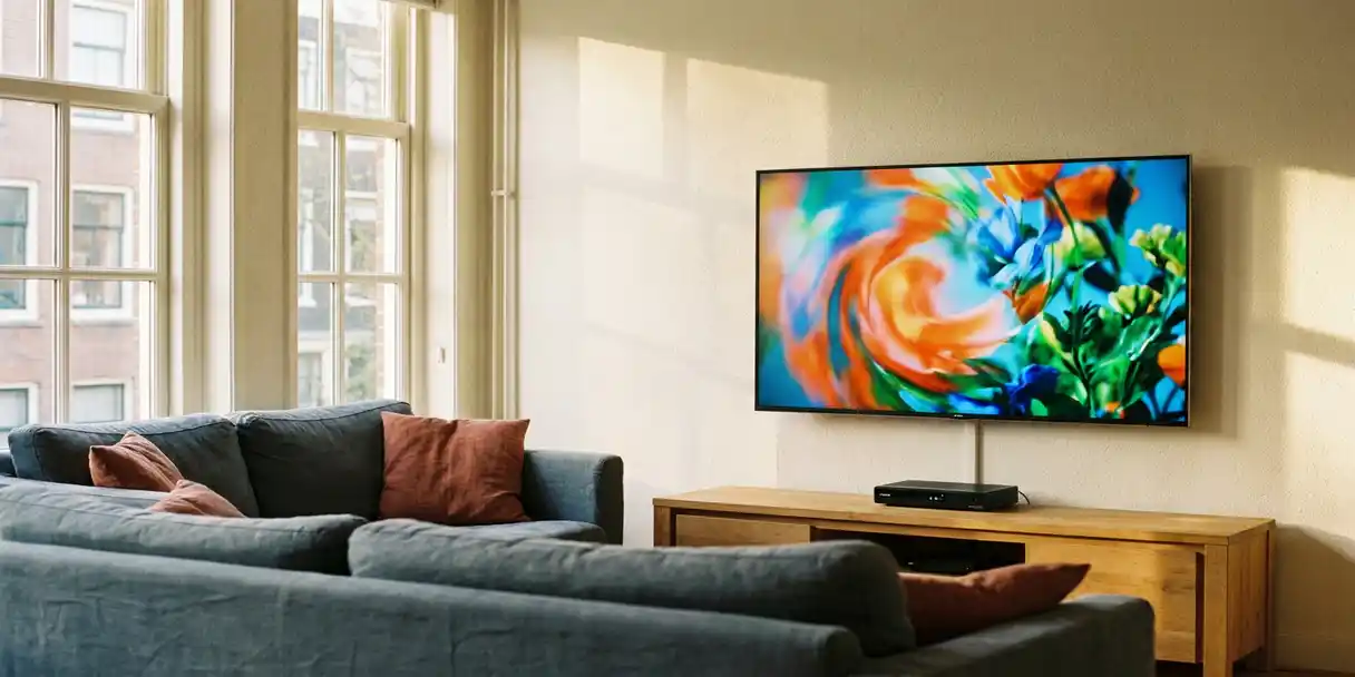 Flatscreen tv aan muur in Nederlandse woonkamer met reclame, ouderwetse kabelbox op houten meubel eronder, middaglicht door hoge ramen.