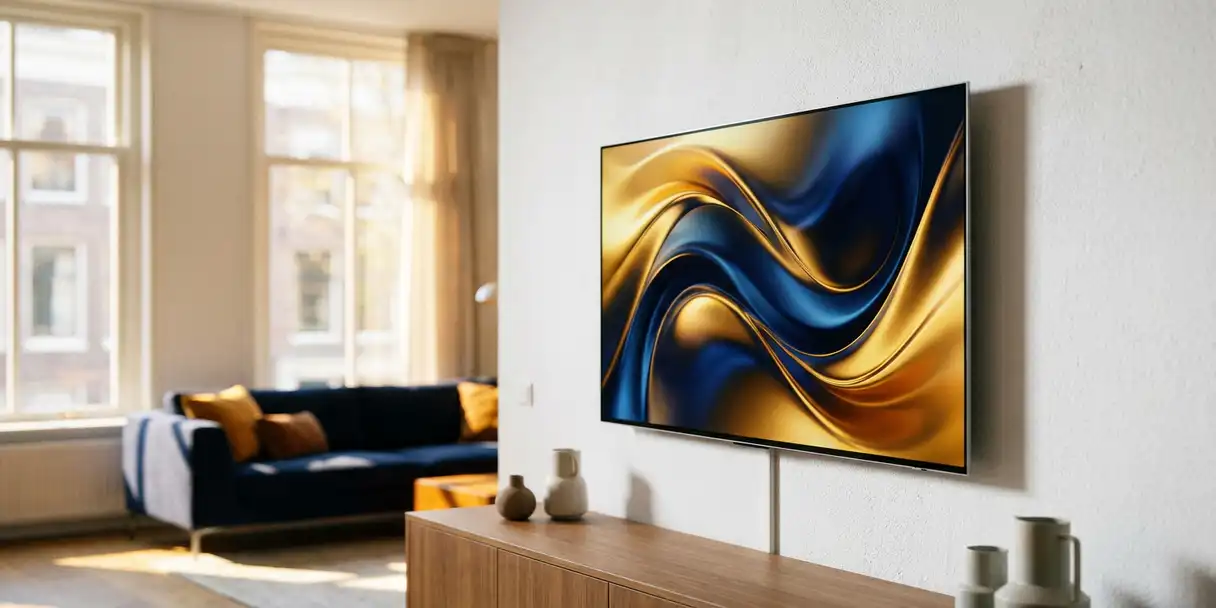 Flatscreen televisie aan witte muur in Amsterdamse grachtenwoning met warm middaglicht door smalle hoge ramen.