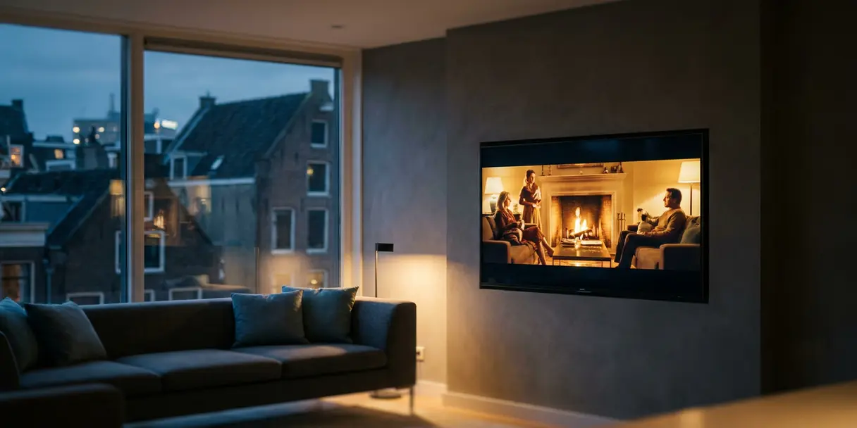 Flatscreen tv aan de muur in een moderne Nederlandse woonkamer met warme sfeerverlichting, grijze bank en Amsterdamse daken op de achtergrond.