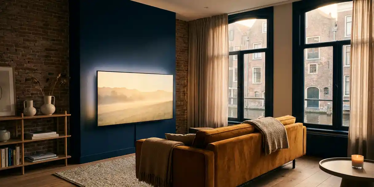 Flatscreen televisie aan de muur van een Nederlandse woonkamer met bakstenen muur, hoog raam en warm avondlicht.