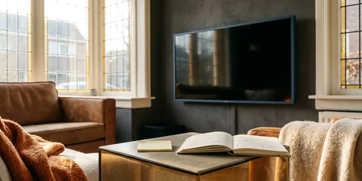 Flatscreen tv aan muur in moderne Nederlandse woonkamer met betonnen bijzettafel, notitieboek en sticky note in warm middaglicht.