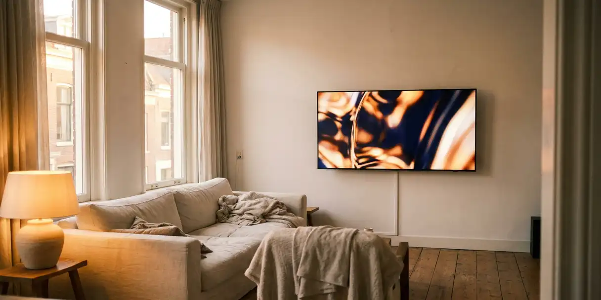 Flatscreen tv aan witte muur in Haarlemse woonkamer met houten vloer, linnen bank en warm avondlicht door hoge ramen.