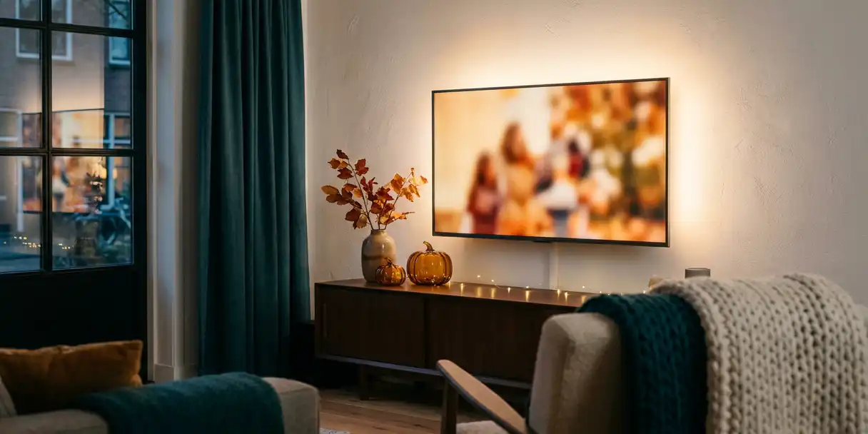 Flatscreen tv aan muur in moderne Nederlandse woonkamer met herfstdecoratie op houten dressoir in warme amber- en teal tinten.
