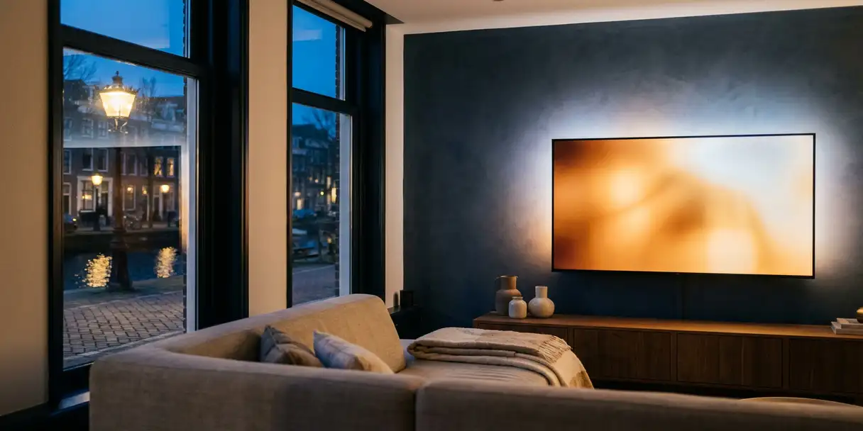 Flatscreen televisie aan muur in Nederlandse woonkamer met warm ambergloed, kanaalgracht zichtbaar door hoge ramen in de avond.