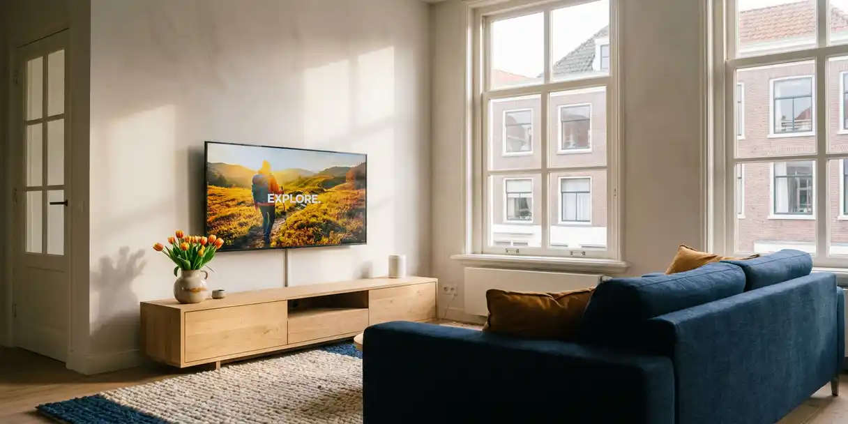 televisie-woonkamer-nederlands-interieur-scandinavisch.jpg Flatscreen televisie aan muur in moderne Nederlandse woonkamer met Scandinavisch eiken meubilair, tulpen en middaglicht.