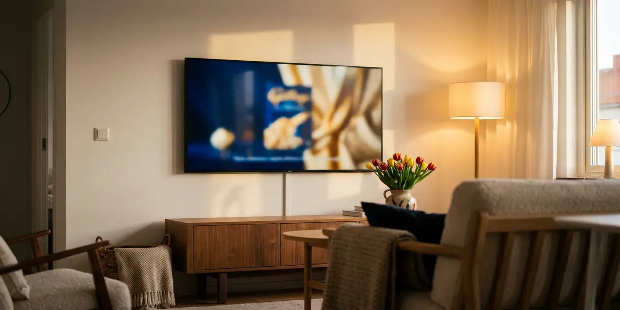 televisie-woonkamer-nederlands-interieur-sfeer.jpg Flatscreen televisie aan witte muur in Scandinavisch ingerichte Nederlandse woonkamer met tulpen in keramische vaas en warm avondlicht.