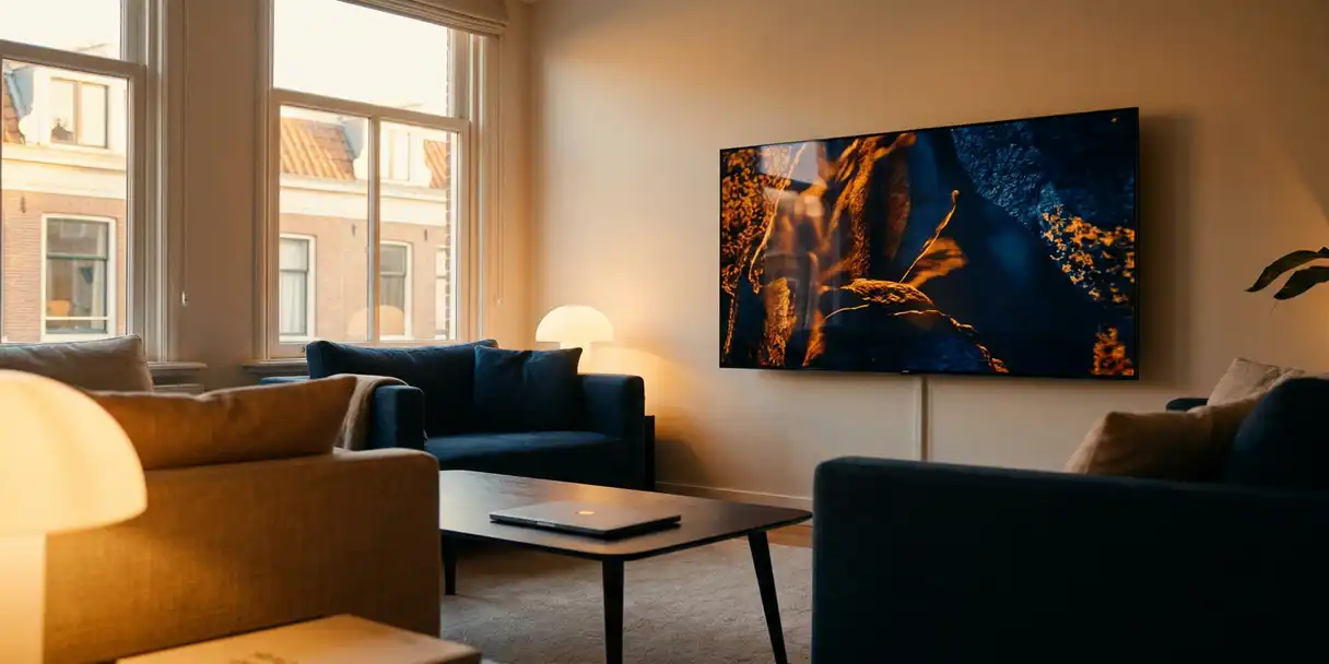 televisie-woonkamer-interieur-avondlicht-modern.jpg Flatscreen televisie aan witte muur in modern Nederlands appartement met avondlicht door hoge ramen en linnen meubels op de voorgrond.