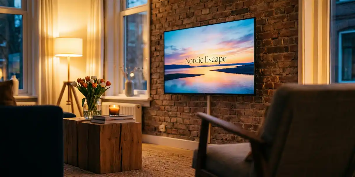 televisie-reclame-woonkamer-interieur-sfeer.jpg Flatscreen tv aan muur in moderne Nederlandse woonkamer met bakstenen muur, tulpen en warm avondlicht.