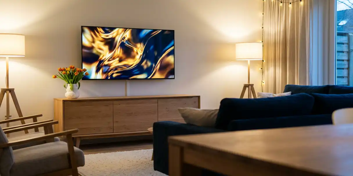 televisie-woonkamer-scandinavisch-interieur-sfeer.jpg Flatscreen televisie aan de muur in een Nederlandse woonkamer met eiken meubels, tulpen en warme avondverlichting.