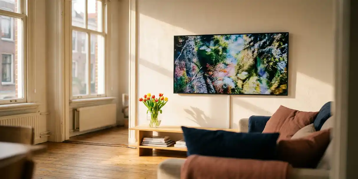 televisie-reclame-woonkamer-interieur-nederland.jpg Flatscreen tv aan de muur in een lichte Nederlandse woonkamer met tulpen, terracotta tinten en warm middaglicht.