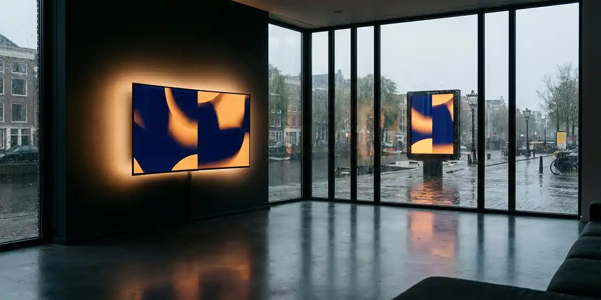 televisie-reclame-amsterdam-woonkamer-billboard.jpg Grote gebogen flatscreen-tv in Nederlandse woonkamer met campagnebeelden, weerspiegeld op betonvloer; buiten een DOOH-billboard op regennat Amsterdams kanaal.