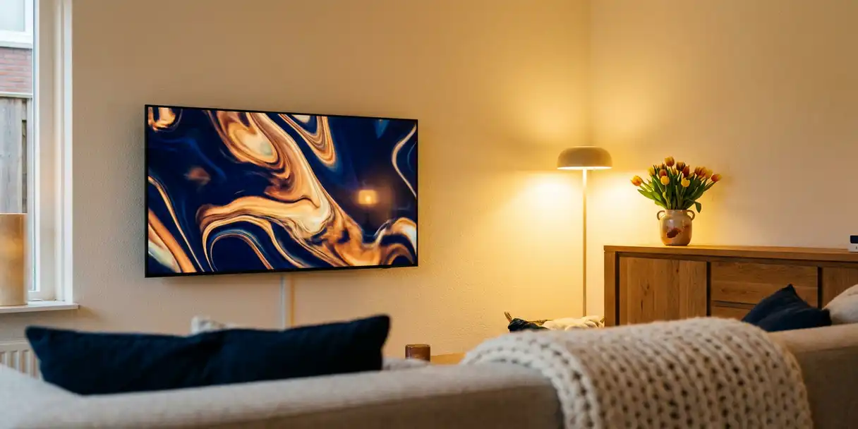 Flatscreen tv aan de muur in Nederlandse woonkamer met retailadvertentie, tulpen in vaas op eikenhouten dressoir, warme avondsfeer.